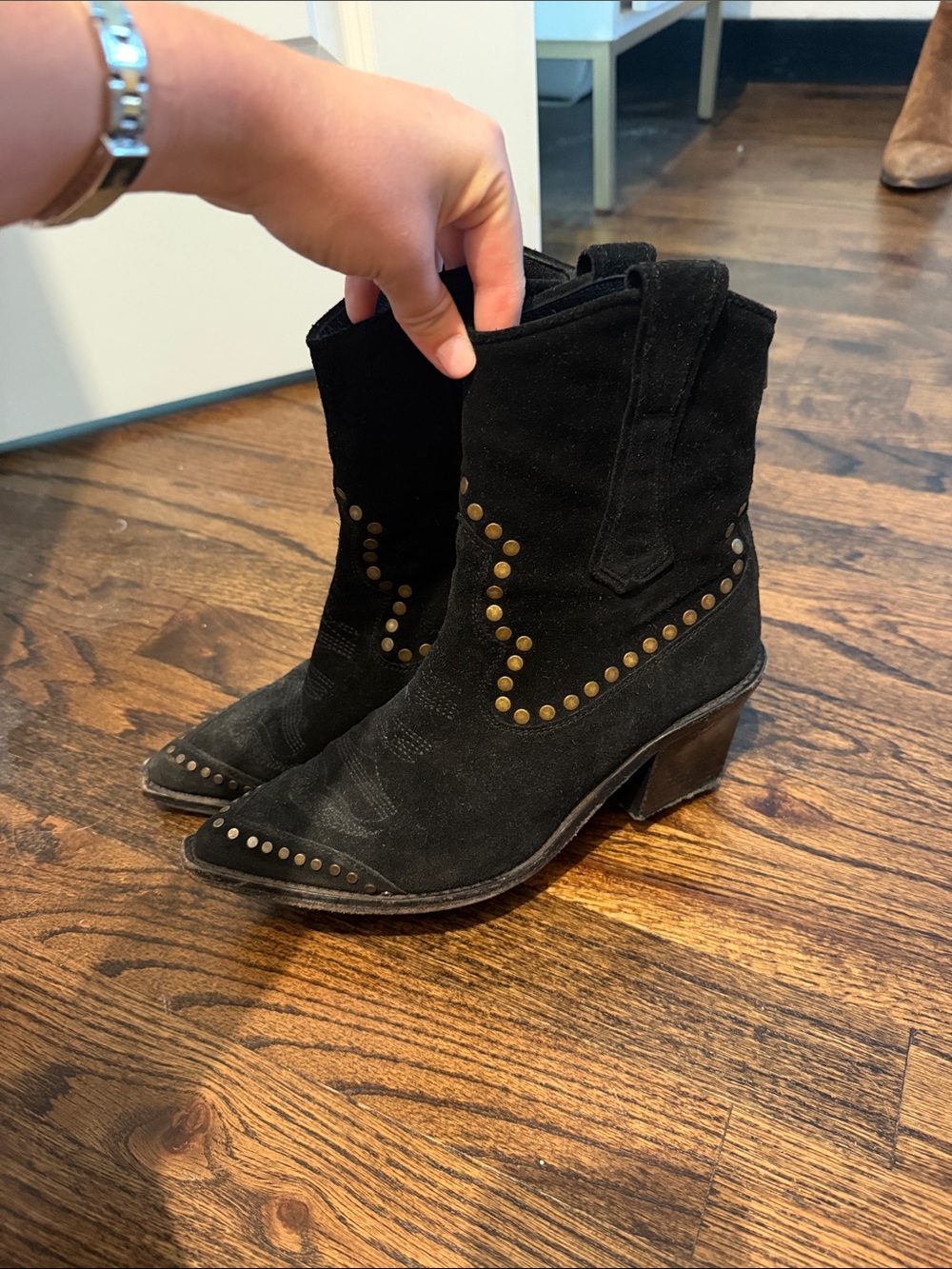 Zadig & Voltaire Cara Black Suede Studded Western Heel Boots 39